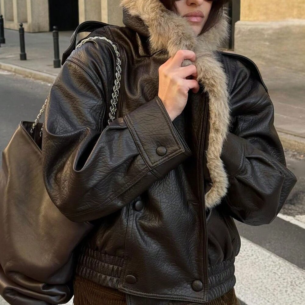 Brown Casual Women's Double-Breasted Leather Jacket - Picture 6 of 8
